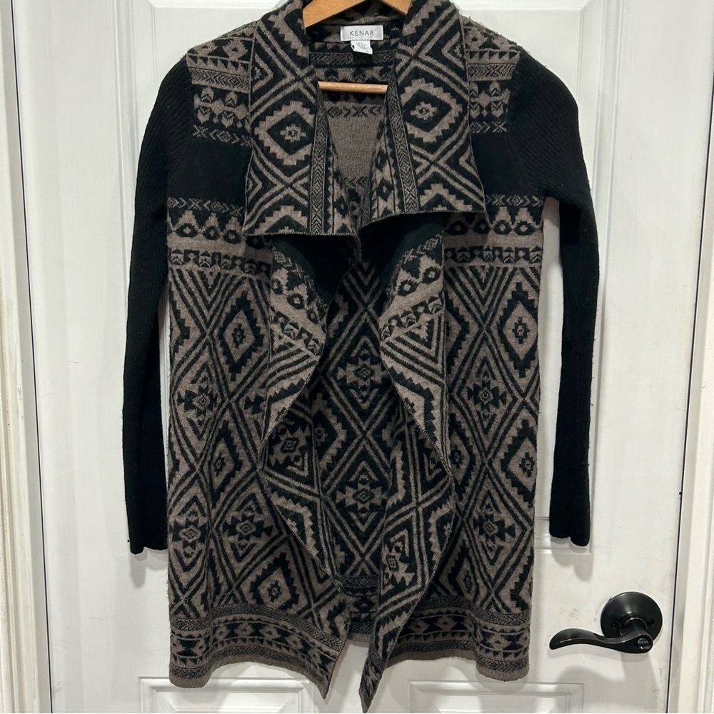 Kenar Merino Wool Blend Open Cardigan Sweater, Gray/Black, Aztec Western Small